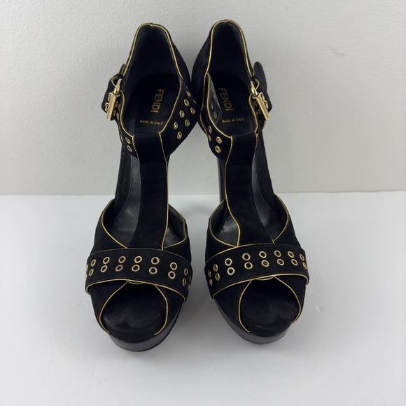 Fendi black suade with gold trim Grommet peep toe platform heels - Picture 2 of 10